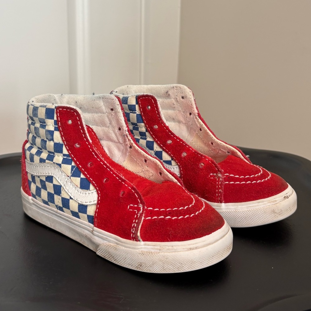 Vans High Top Kids Red and Blue Checkered Shoes